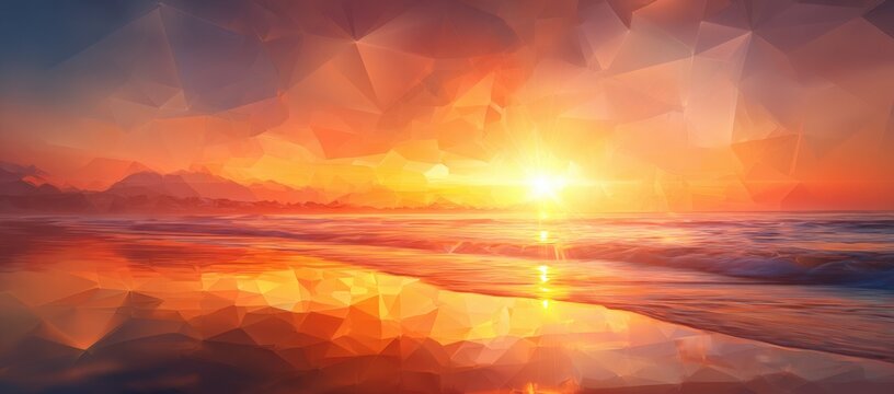 Low poly geometric sunset over peaceful ocean with polygonal art style and golden sun setting