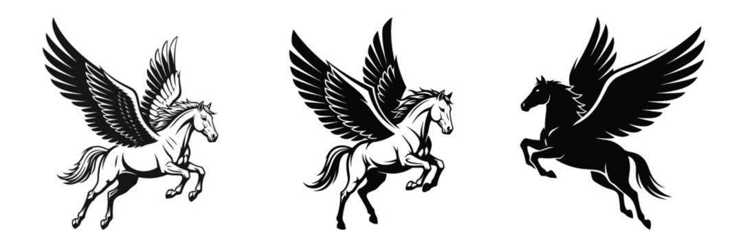 Three pegasus illustrations showcase mythical winged horses in various poses and styles against a clean white background offering versatile design elements
