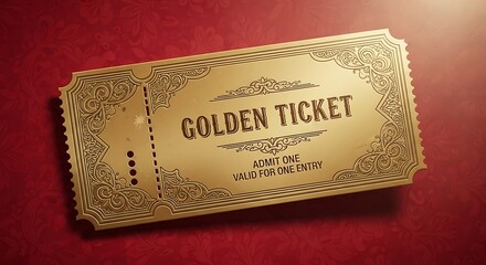 Vintage golden ticket with ornate border and decorative flourishes on a rich red background symbolizing opportunity and success