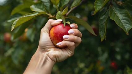 Hand Harvesting a Fresh, Ripe Red Apple from a Lush Green Tree in an Orchard