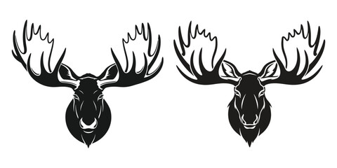 Two majestic moose heads with impressive antlers are displayed in a striking black and white vector illustration perfect for wildlife themed designs © Your Choice