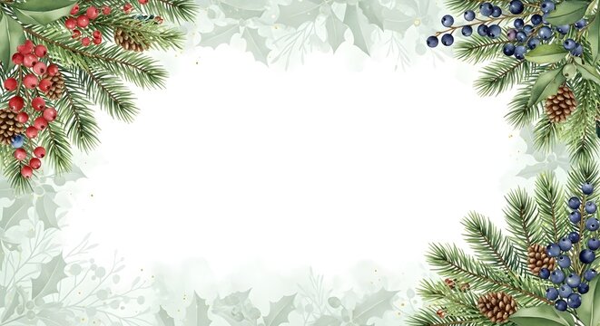Festive christmas frame with pine branches, cones, red berries and blue berries isolated on white background, perfect for invitations, cards, or holiday designs