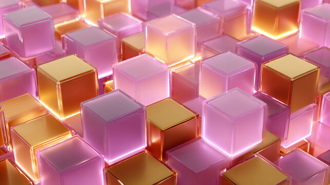 Fototapeta Luminous Pink and Gold Translucent 3D Cubes Arranged in a Futuristic Glowing Geometric Pattern