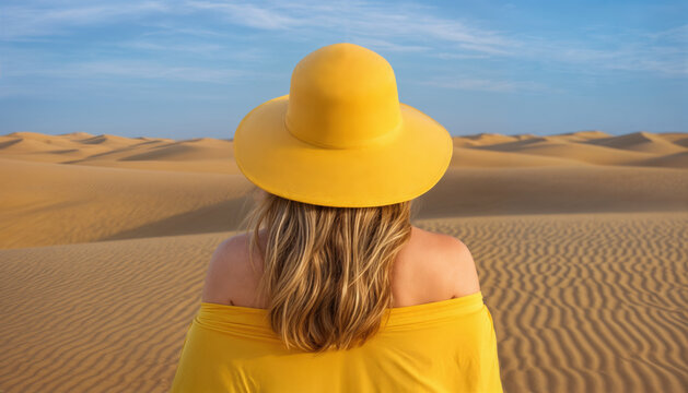 A woman in a yellow hat and shoulderless top overlooks a vast landscape of sand dunes. Calming blue sky.