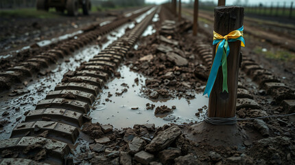 etailed Close-up of Deep Military Vehicle Tread Marks in Dark, Wet Mud Leading Away, with a Wooden Boundary Post Adorned with a Ukrainian Flag Ribbon, Symbolizing Border Conflict and National Support