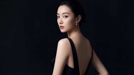 黒いドレスを着て闇に浮かぶ美しい女性のエレガントな背中