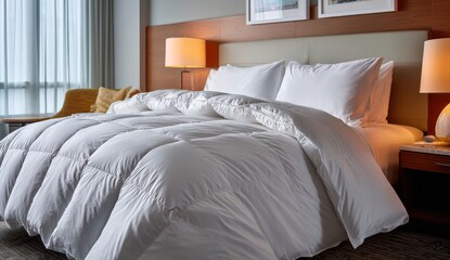 Luxurious white duvet and pillows on a comfortable bed in a modern hotel room