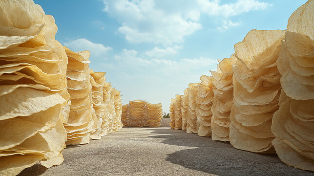 Rows of sun-dried papads stacked outdoors under clear sky