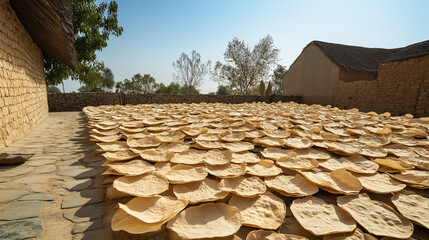 Papads drying in sunlight outside traditional village home