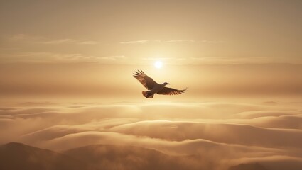 A majestic eagle soaring gracefully above a sea of clouds at sunrise, illuminated by warm golden light