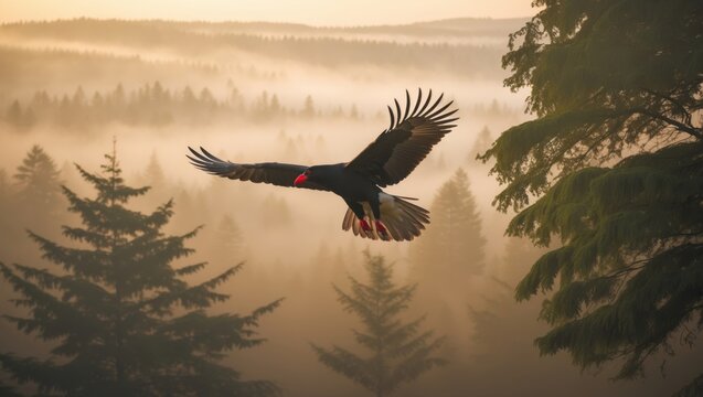 Majestic bird of prey soaring above a misty forest during sunrise with vibrant colors