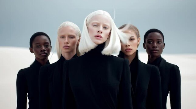 Editorial desert portrait, four women in symmetrical formation, central albino model with waist-length platinum white hair, porcelain skin, black turtleneck, flanked by three dark-skinned models with 