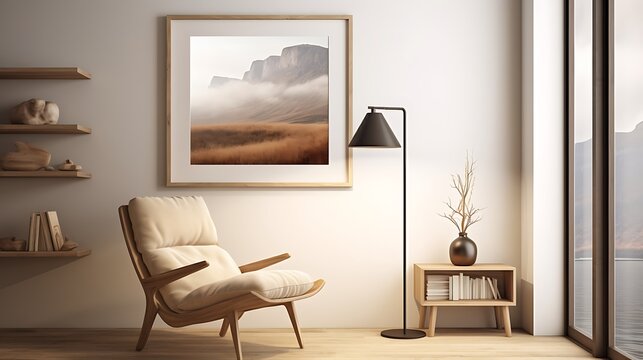 Serene modern living room interior with comfortable chair landscape art and cozy atmosphere for relaxation and contemplation - Powered by Adobe