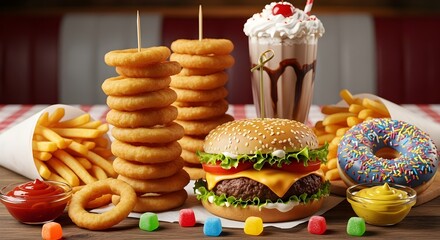 Fast food assortment cheeseburger donuts and more