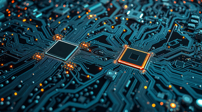 High-Resolution Close-up of a Complex Digital Circuit Board with Two Central Microchips and Interconnected Glowing Teal and Orange Data Pathways, Symbolizing Global Technology and Data Flow - Powered by Adobe