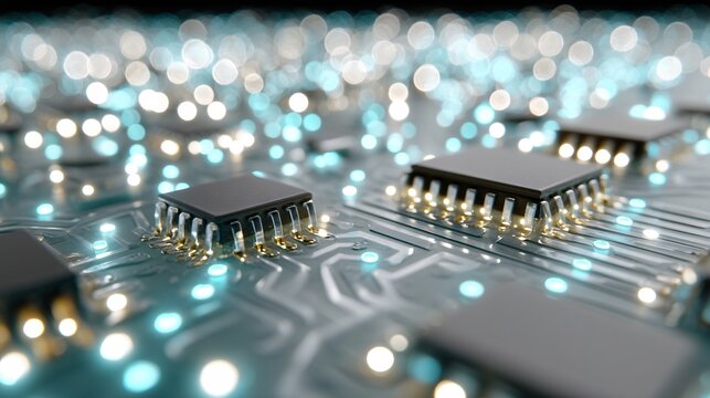 Close-up of Circuit Board with Microchips and Bright LED Lights - Powered by Adobe