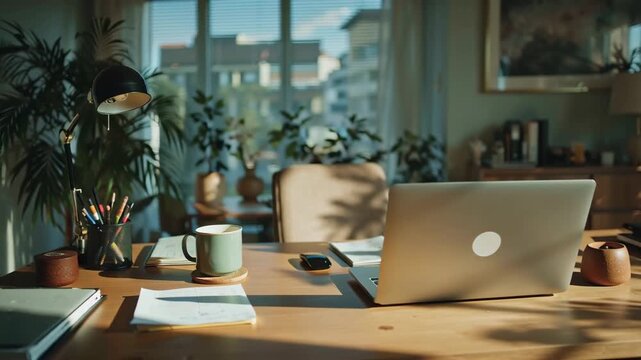 Home Office Setup Laptop, Desk, Plants, Natural Light, Remote Work