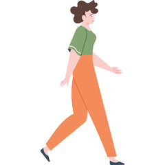 Side Profile of a Woman with Brown Hair Wearing a Green Short-Sleeved Shirt and Orange Pants Walking on a Transparent Background