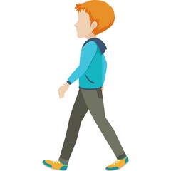 Side profile of a young man with orange hair walking forward wearing a blue hoodie and grey pants outdoor lighting style