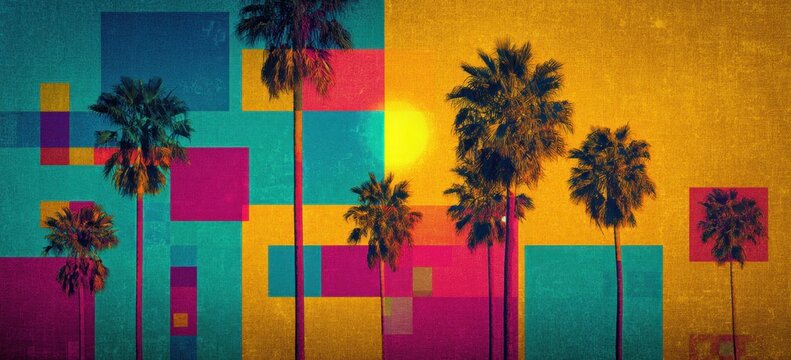 Colorful Palm Trees Against a Geometric Wall