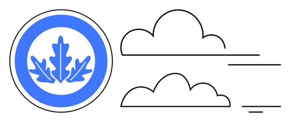 Nature concept. Nature ed by a blue oak leaf emblem and minimalist cloud designs with lines motion. Nature and sustainability theme, perfect for ecology, conservation, green energy, natural