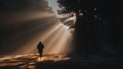 Fototapeta premium Runner in Forest with Sunbeams Breaking Through Trees