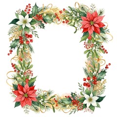 Fototapeta premium Watercolor Christmas wreath with red and white poinsettia flowers, holly berries, and mistletoe. Festive holiday square frame for winter celebrations