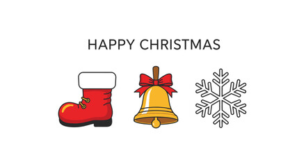 Happy Christmas with Santa's boot, bell, and snowflake