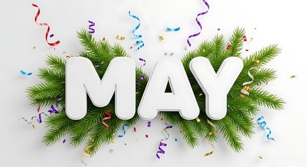 May holidays and celebrations with festive confetti and greenery on a white background