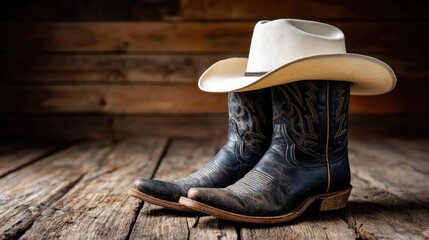 Cowboy boots with hat on wooden background concept. A pair of rustic cowboy boots and a classic white hat on wood.