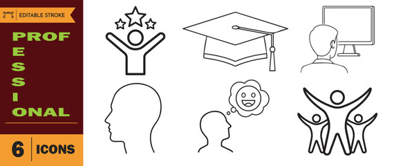 Set of six professional development and success line icons including graduation, happy thought, and teamwork concept