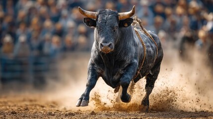 Bucking bull action in thrilling rodeo competition concept. A powerful bull galloping fiercely in a dusty arena.