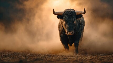 Bucking bull action in thrilling rodeo competition concept. A majestic bull standing in a misty environment at sunset.