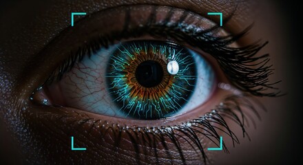Intense Eye: A striking close-up of a captivating eye, with vivid, multi-colored iris. The eye is highlighted with digital recognition interface