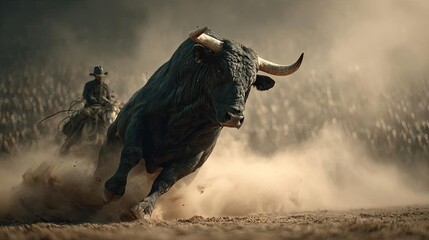 Bucking bull action in thrilling rodeo competition concept. A powerful bull charges through dust during an intense rodeo event.