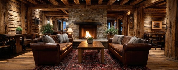 Fototapeta premium Classic wooden design of western saloon interior concept. Cozy living room with rustic furniture and a warm fireplace glow.