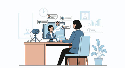 Businesswoman participating in virtual video conference call with remote colleagues from her office desk, leveraging a computer and webcam for online meeting illustration.