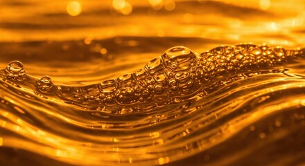 Liquid Gold: Capturing the mesmerizing beauty of a liquid's surface, a golden elixir shimmers with bubbles, reflecting the brilliance of the sun, invoking feelings of warmth and allure.