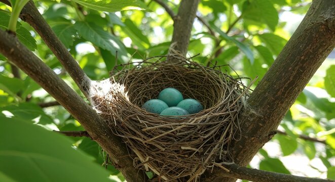 Nest's Serenity: A natural bird's nest cradles a collection of vibrant blue eggs, nestled among tree branches, embodying the essence of growth and renewal