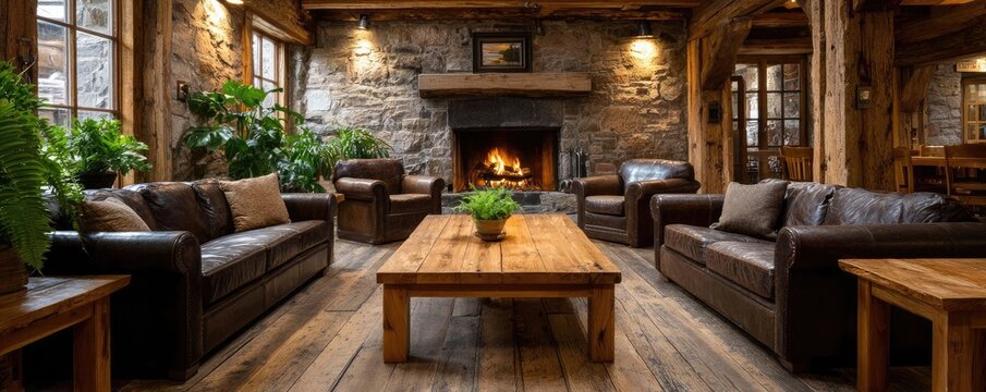 Classic wooden design of western saloon interior concept. Cozy living room with comfortable couches and a warm fireplace.