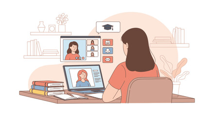 Woman attending an online class on her laptop, featuring a video call with an instructor and peers, surrounded by books for study.