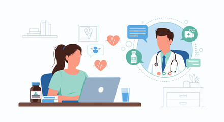 Fototapeta premium Woman consulting a doctor online via her laptop computer, engaging in a telemedicine or virtual healthcare appointment.