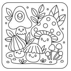 Obraz premium Kawaii Mushroom Coloring Page for Kids – Cute Forest Mushrooms Illustration