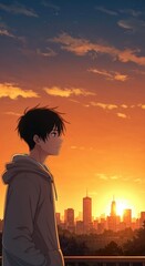 Fototapeta premium Solitude at Sunset: A lone individual finds solace in the fiery embrace of a sunset. The urban skyline offers a sense of vastness