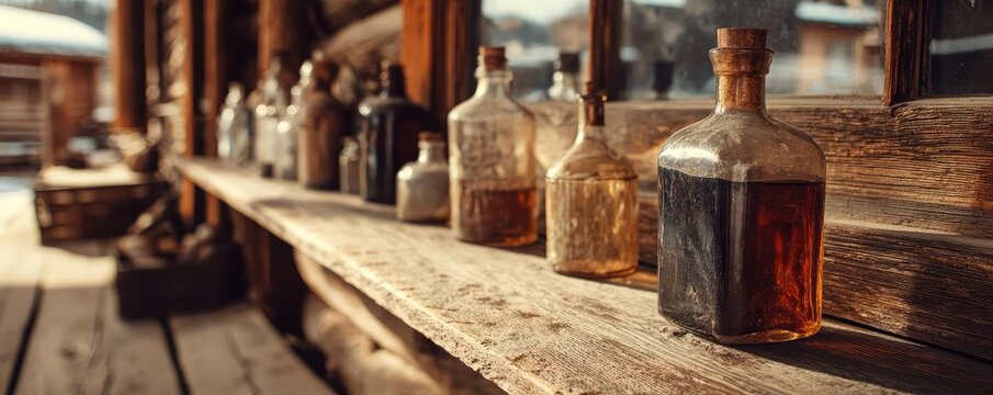 Classic wooden design of western saloon interior concept. Vintage bottles line a rustic wooden shelf in soft natural light.