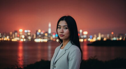 Fototapeta premium Confident in the Cityscape: A poised individual against the backdrop of a vibrant cityscape at dusk, exuding serenity amidst urban energy.