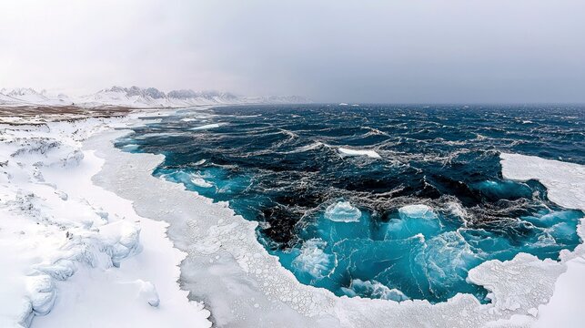 A dramatic winter scene of a frozen coastline with jagged turquoise ice formations breaking away from the shore into choppy, dark blue ocean waves under a hazy, - Powered by Adobe