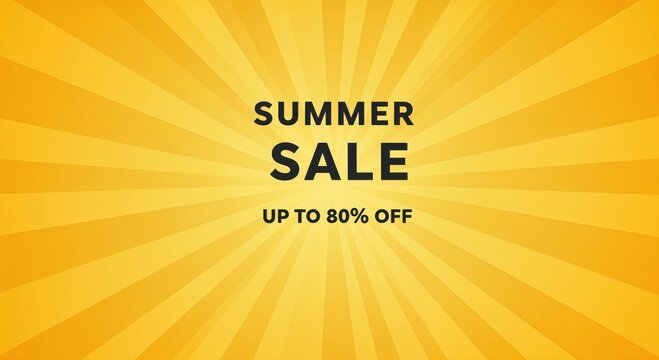 Summer Sale Advertisement: a vibrant yellow background with radial rays of sunlight radiates energy. Text is prominently displayed, offering up to 80% off - Powered by Adobe