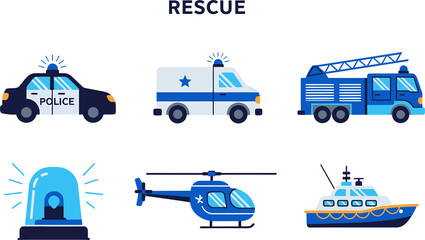 Illustration of six blue and white rescue vehicles police car ambulance fire truck siren helicopter and boat © Faisal