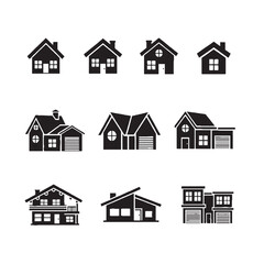  Black silhoutte Home flat icon set vector illustration.